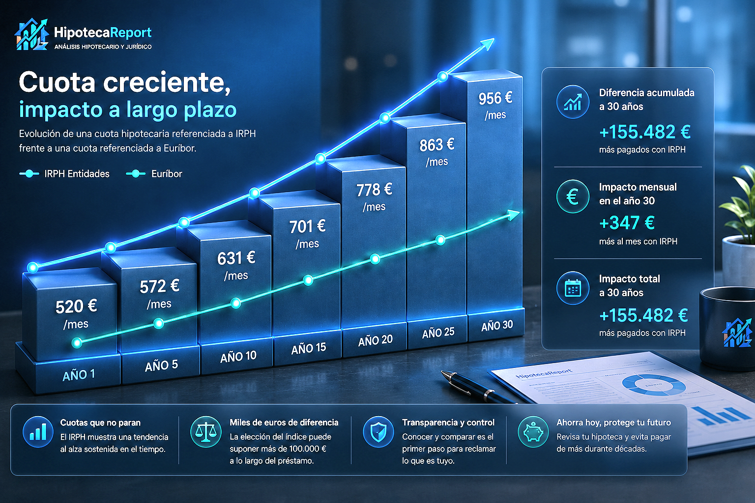 Representación de cuota creciente hipotecaria con escalera financiera ascendente